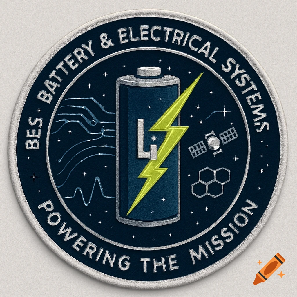 A circular NASA-style mission patch featuring a blue battery with a yellow lightning bolt, surrounded by stars, circuits, a satellite, and hexagons. Text reads "BES - Battery & Electrical Systems" and "POWERING THE MISSION".
