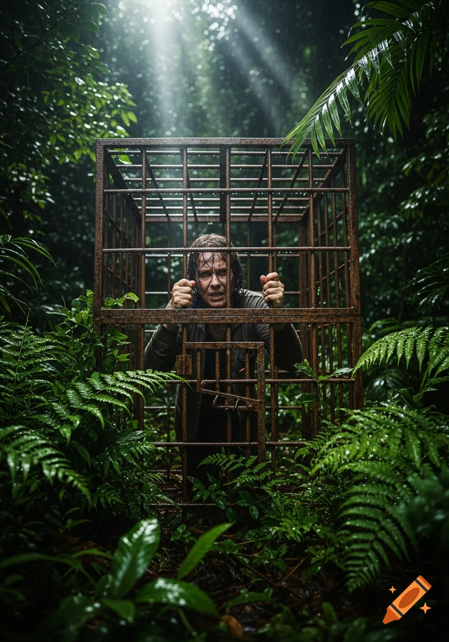Distressed man trapped in a rusty cage in a dense, rainy jungle with sunlight filtering through.