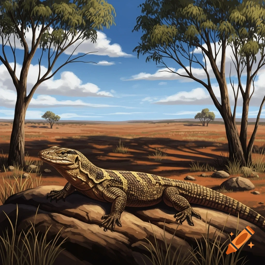 A patterned goanna rests on a log in a sunlit, arid landscape with scattered trees under a blue sky in an illustrative style.