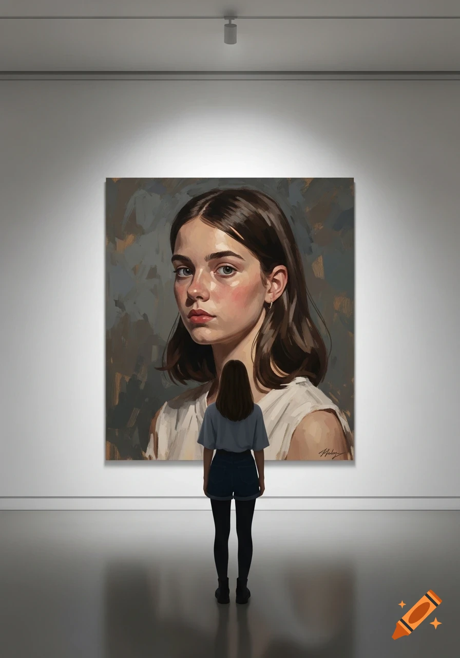 A person stands with their back to the viewer in a modern art gallery, looking at a large oil painting portrait of herself on a white wall.