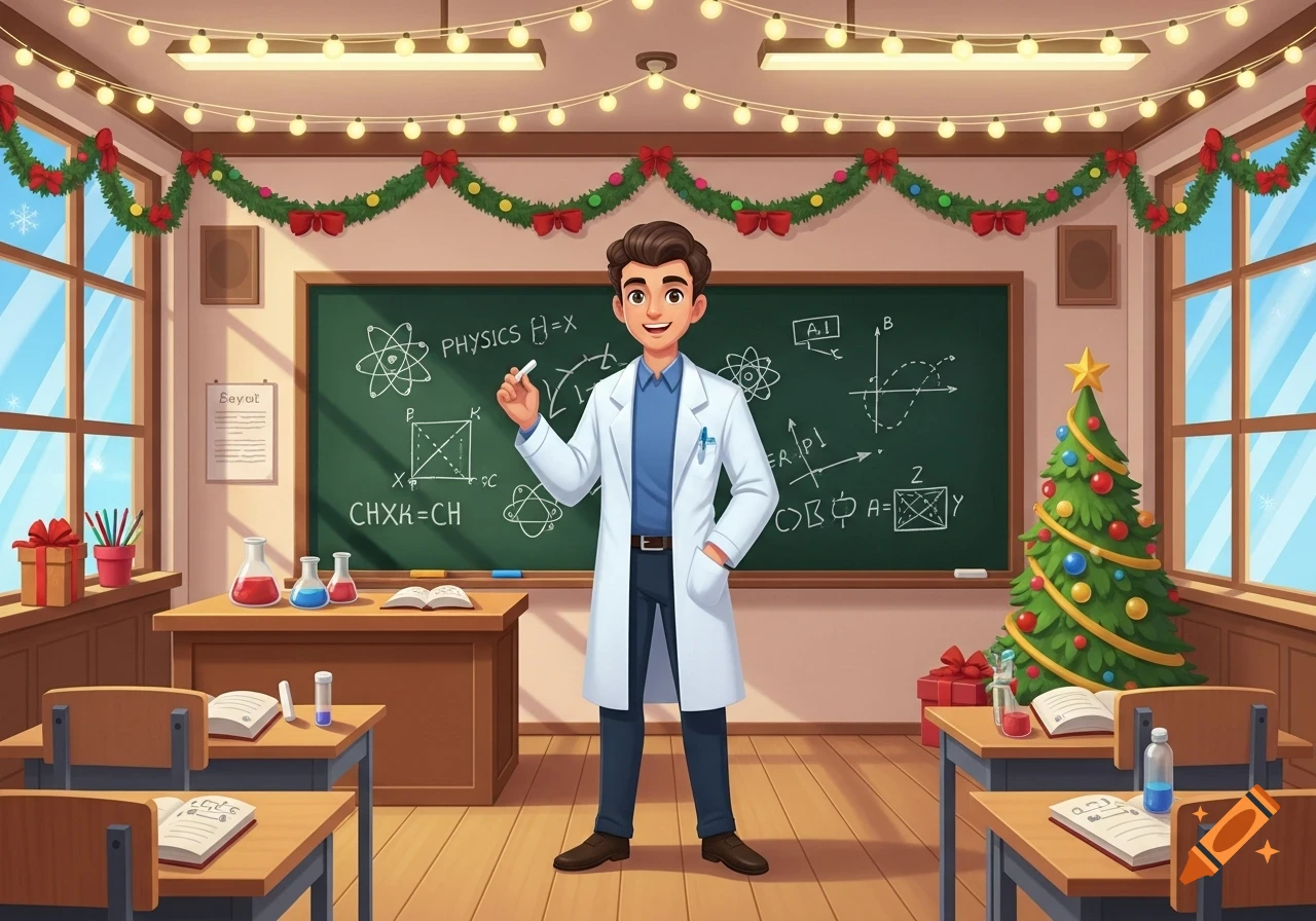 A young male science teacher in a white lab coat stands smiling in a Christmas-decorated cartoon classroom with a blackboard.