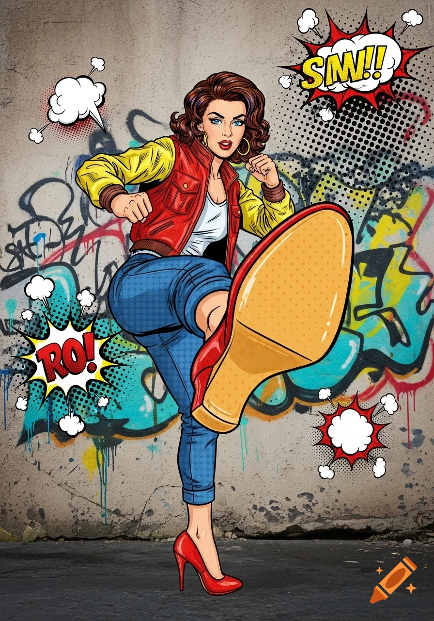 A pop art style illustration of a woman in a red jacket and jeans, kicking with a red high heel against a graffiti-covered wall.