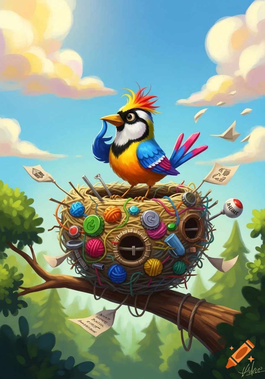 A colorful cartoon bird with a yellow crest stands thoughtfully in a whimsical nest made of yarn and objects on a tree branch.
