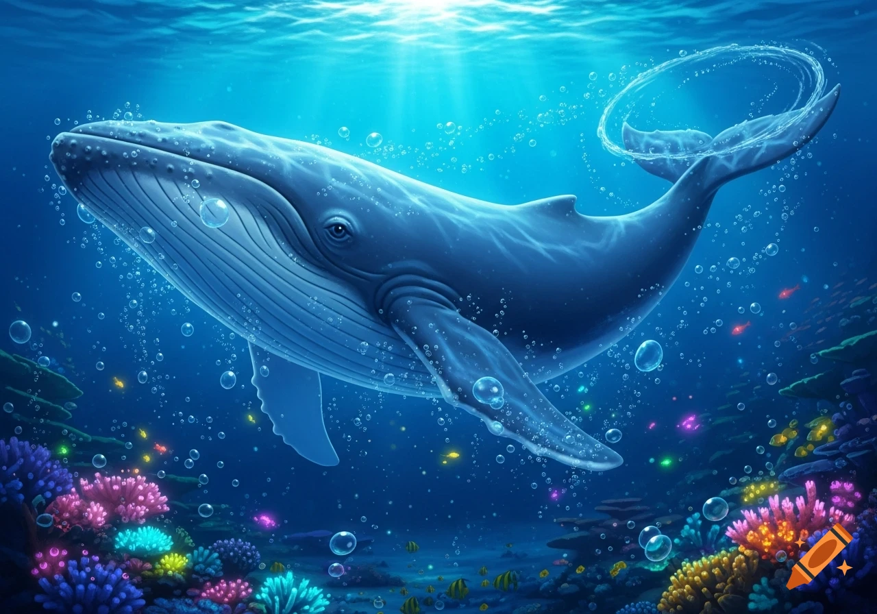 A majestic blue whale swims gracefully underwater amidst colorful coral reefs and numerous bubbles, with bright sunlight shining through the surface.