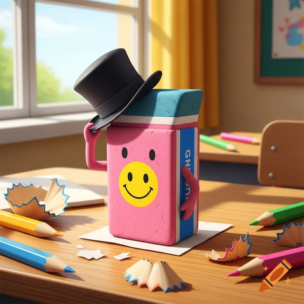 A pink eraser with a smiley face and a black top hat sits on a school desk with colorful pencils and shavings in a sunlit classroom.