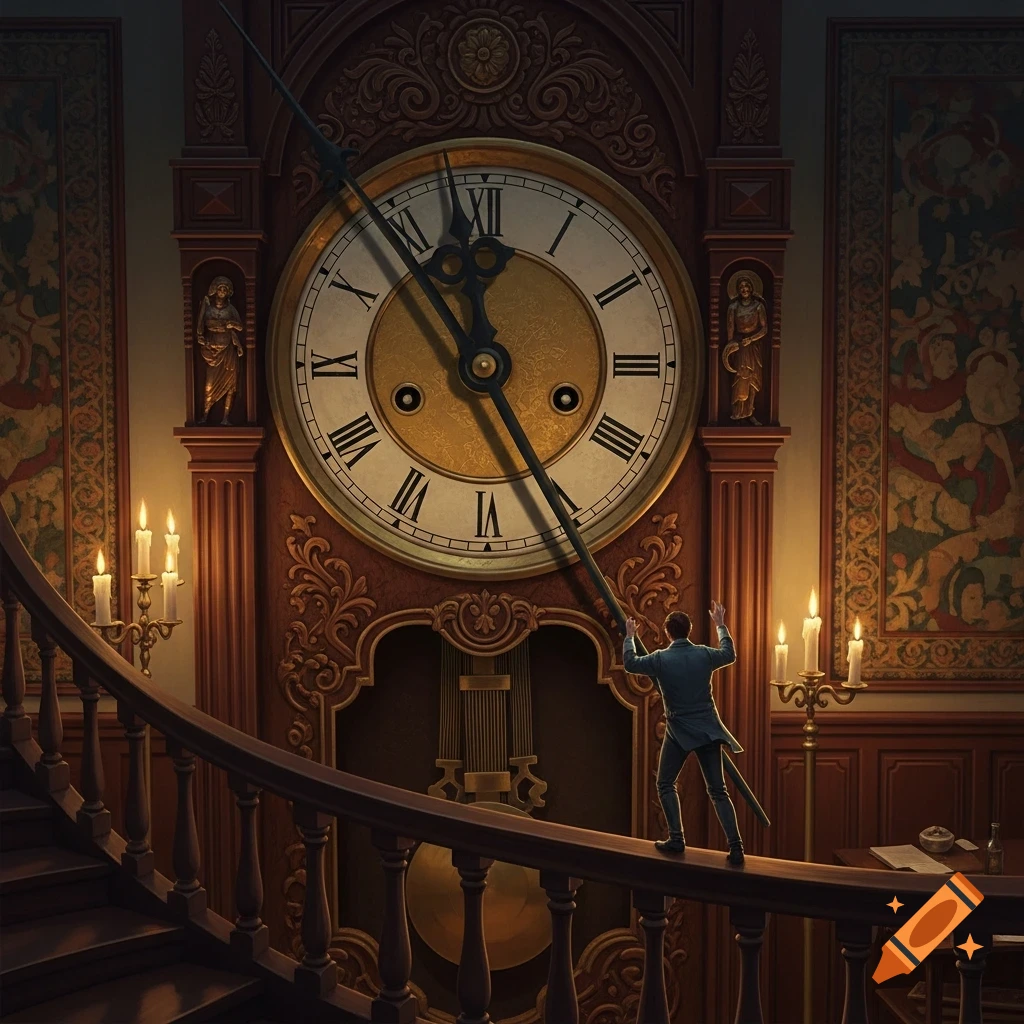 A man stands on a curved railing, reaching up to adjust the minute hand of a giant, ornate grandfather clock in a grand, dimly lit room.