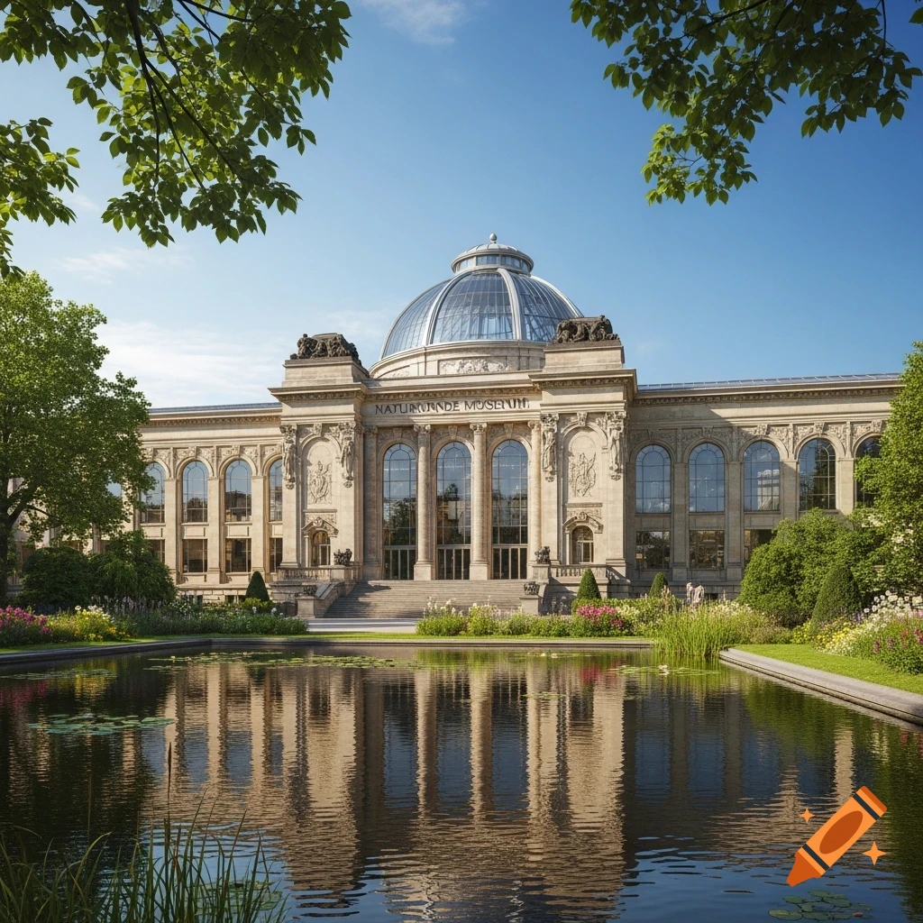 Photorealistic image of the Naturkunde Museum, a grand classical building with a glass dome, reflected in a serene pond surrounded by lush gardens under a clear blue sky.