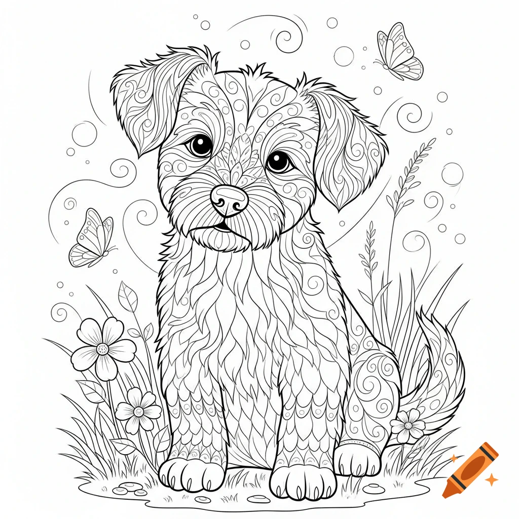 Line art coloring page of a cute puppy with intricate patterns, sitting among flowers and butterflies.