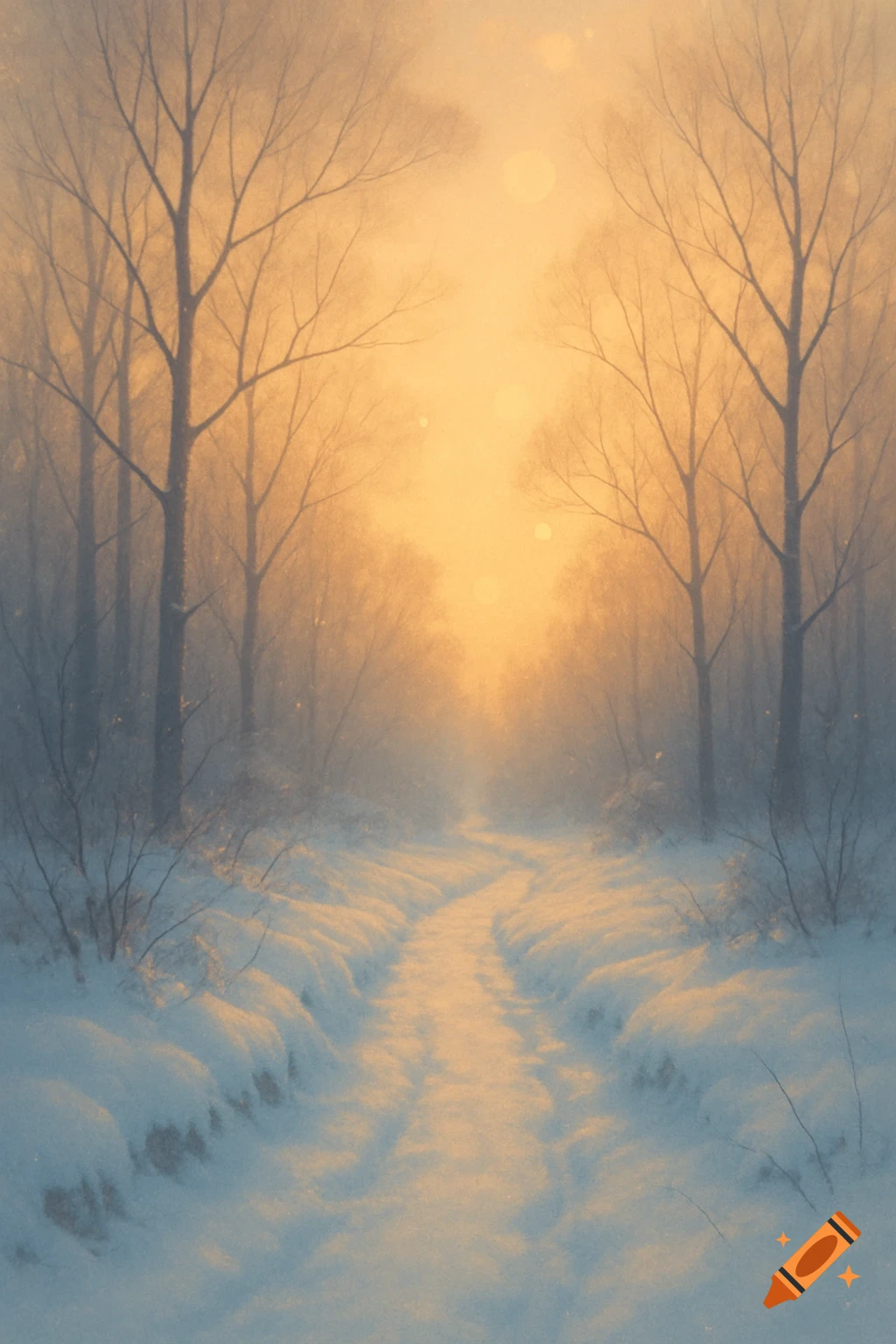 A serene snowy path winding through a winter forest at sunrise or sunset, bathed in soft golden and blue light with a subtle bokeh effect.