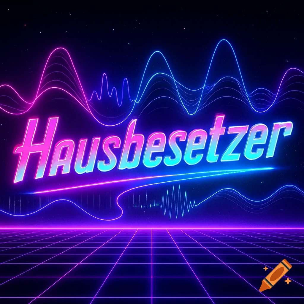 Neon synthwave banner with 'Hausbesetzer' in pink and cyan, featuring glowing audio waves and a grid floor.