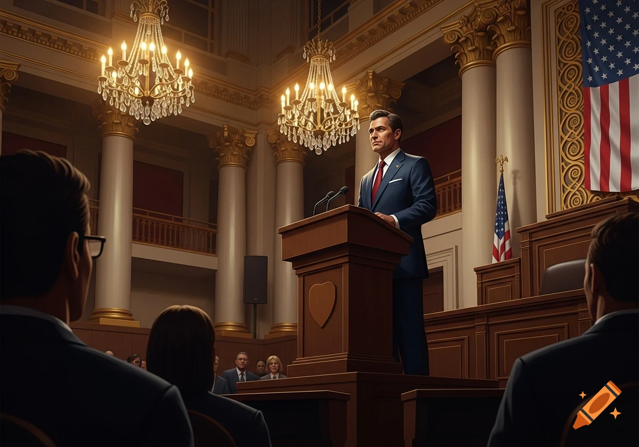 A politician in a suit speaks at a podium in a grand legislative hall with chandeliers, columns, and an American flag.