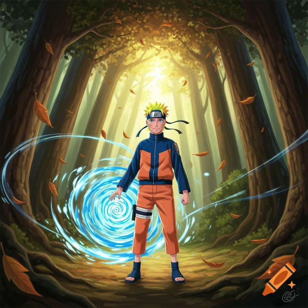 Naruto stands in an autumnal forest with sunlight streaming through trees, a blue swirling energy forming at his hand in an anime style.
