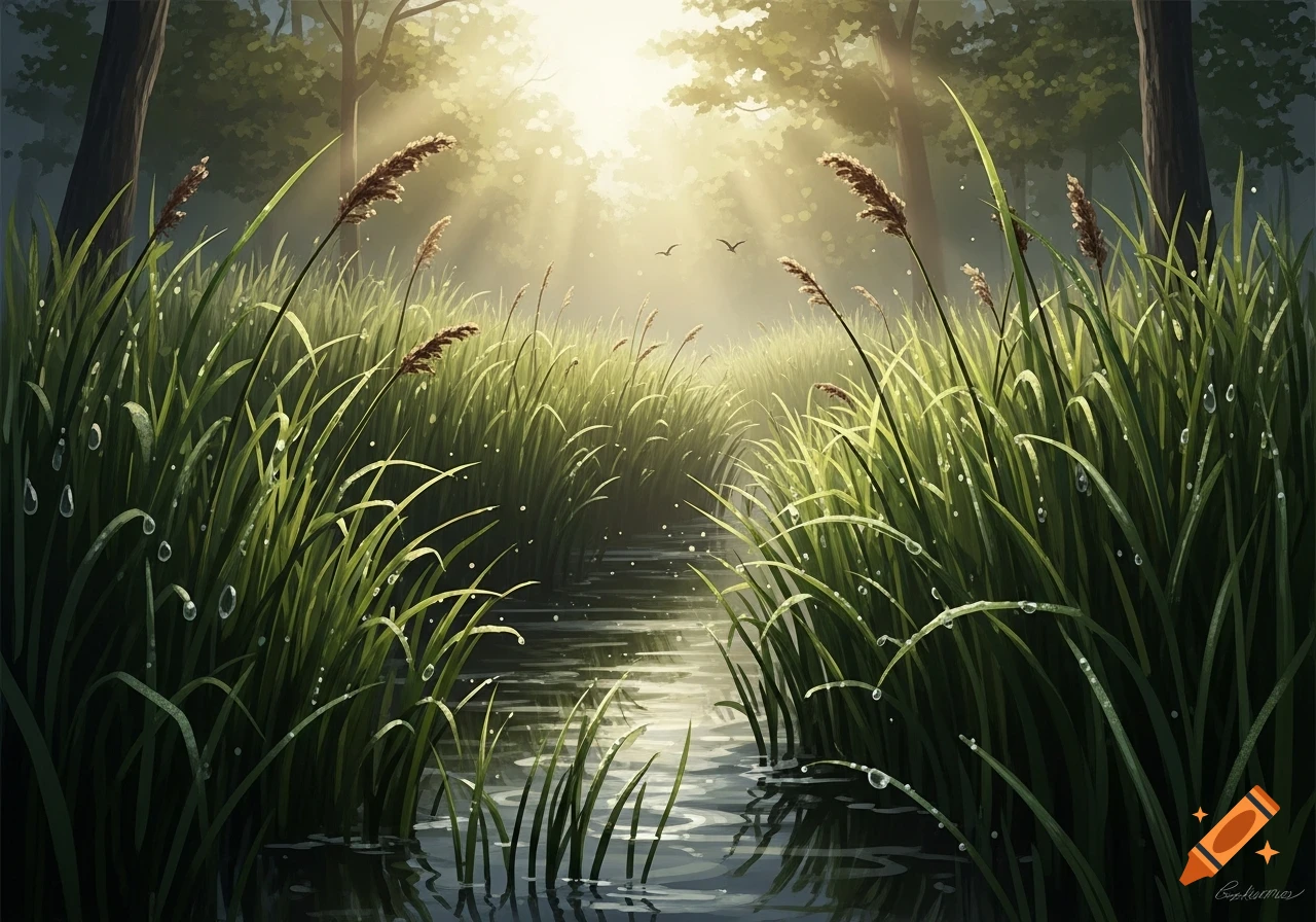 A sunlit marsh with tall green grass, cattails, and a winding stream, featuring water droplets on the leaves.
