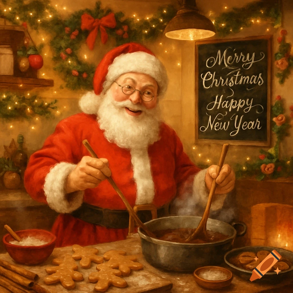 Painterly illustration of Santa Claus in a festive kitchen, stirring a pot and preparing gingerbread cookies, with a 'Merry Christmas Happy New Year' sign.