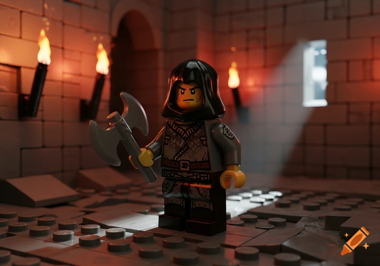 Lego minifigure of an executioner in a dungeon, holding an axe, lit by torches.