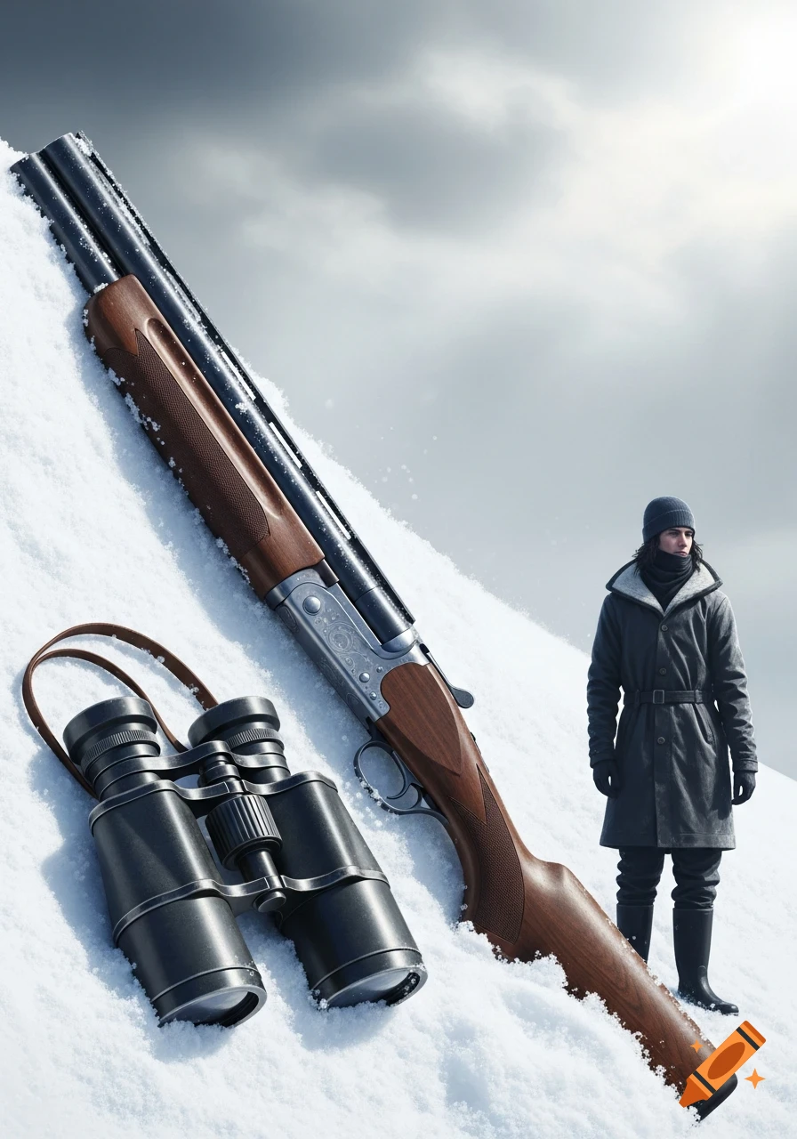 A photorealistic image of a person in a winter coat standing in snow next to a shotgun and binoculars.