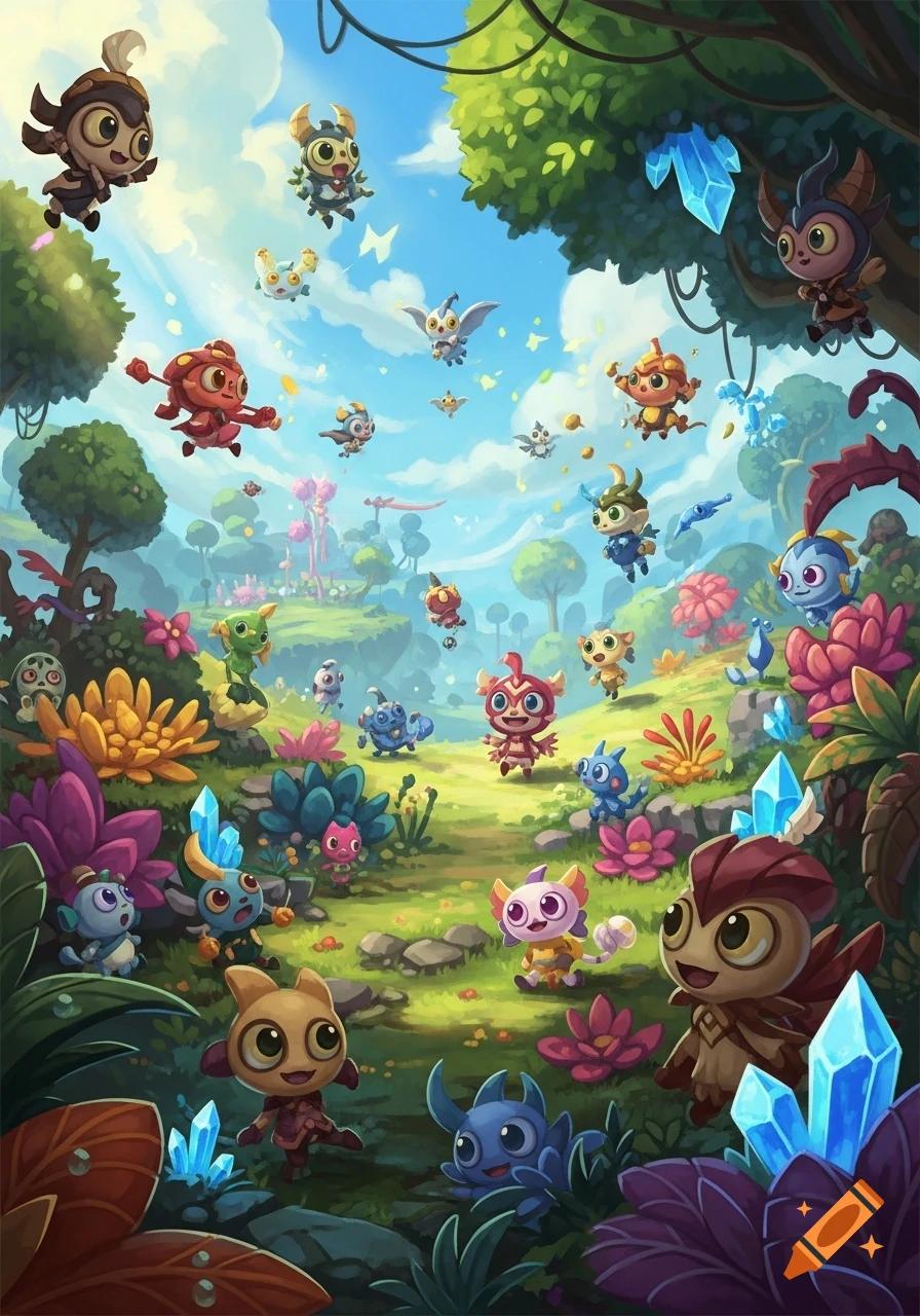 Many colorful, big-eyed cartoon fantasy creatures fly and run through a vibrant, lush landscape with glowing blue crystals and exotic plants under a bright sky.