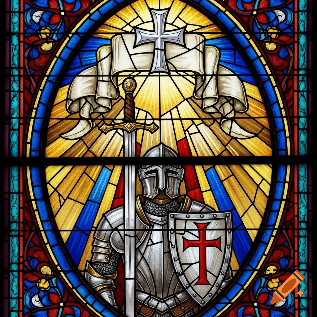 Vibrant stained glass art of a medieval knight in armor holding a sword and a shield with a red cross.