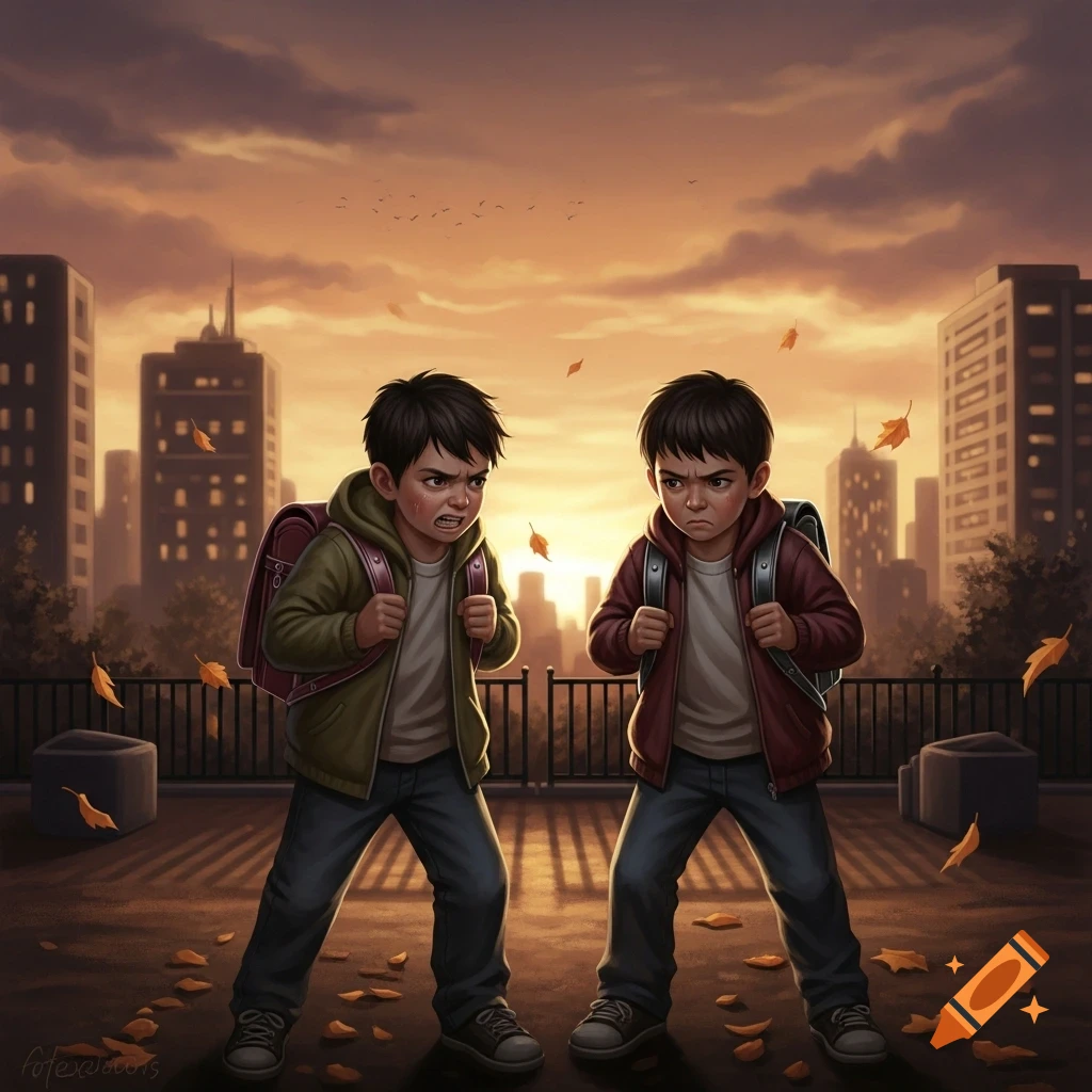 Two angry boys with backpacks and clenched fists stand on an urban rooftop at sunset, leaves falling. Detailed illustration.