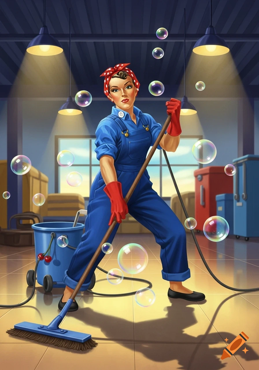 Stylized illustration of a Rosie the Riveter-inspired woman in blue overalls and red gloves, mopping a floor with bubbles.