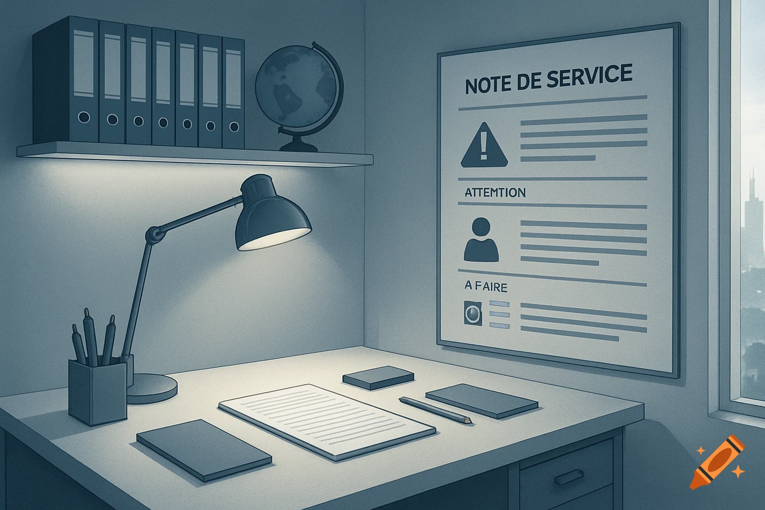 An illustrated office desk in blue tones, featuring a lit desk lamp, pens, paper, a globe, and a framed 'Note de Service' poster with icons and text, overlooking a city skyline from a window.