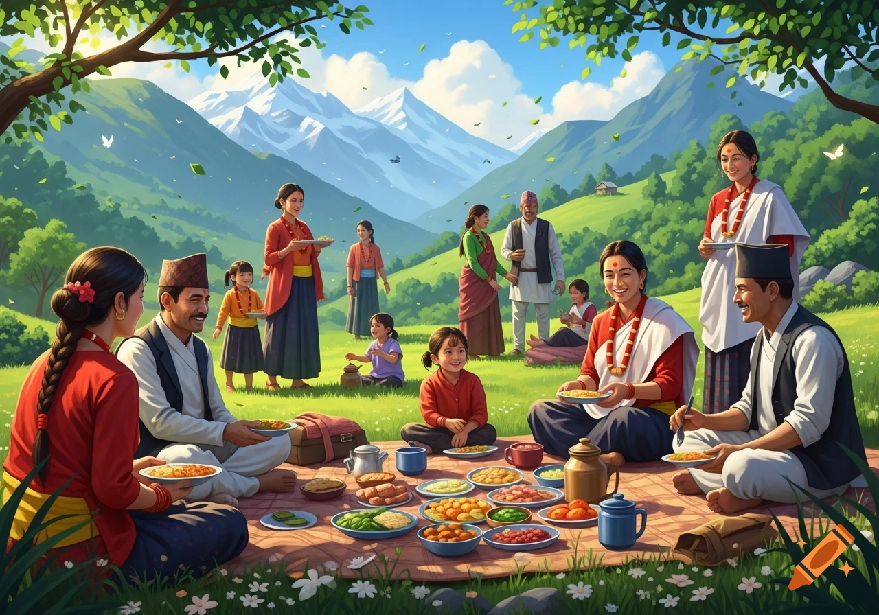 A vibrant illustration of Nepali people enjoying a picnic with traditional food in a lush mountain valley.