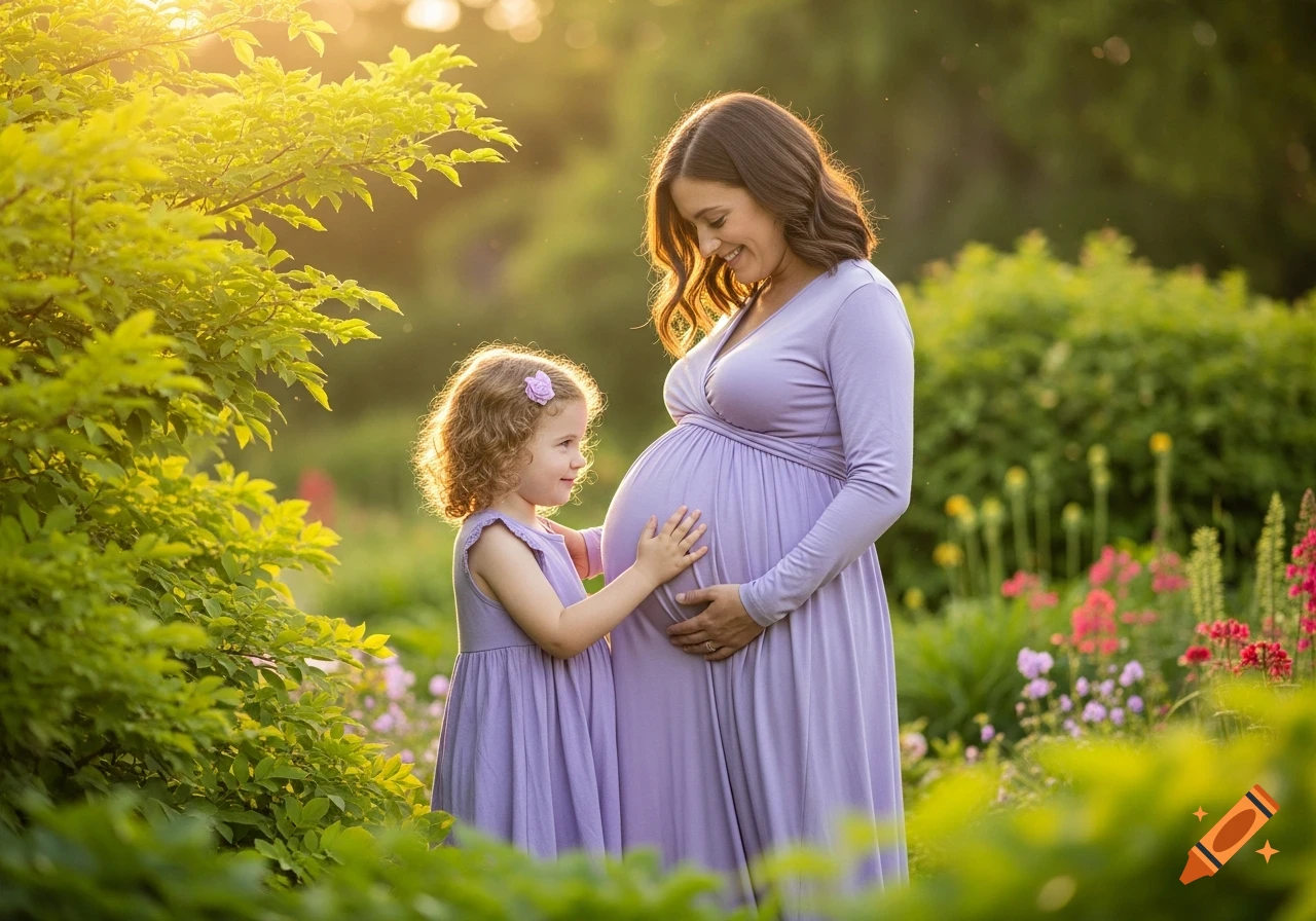 A smiling pregnant woman in a lavender dress stands in a sunny garden with a small girl touching her belly, both wearing matching lavender outfits.