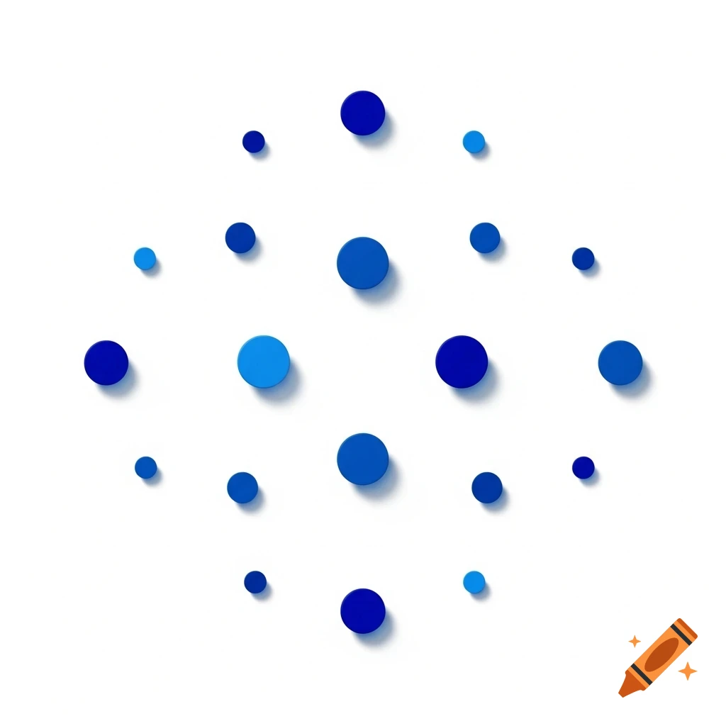 Nineteen blue dots of various sizes and shades arranged in a circular pattern on a white background.