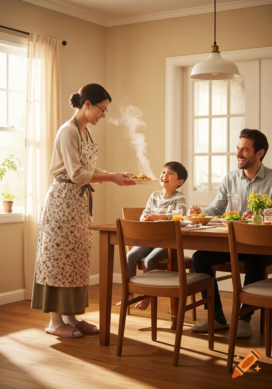 A smiling mother serves a steaming plate of food to her happy son and husband at a bright dining table.