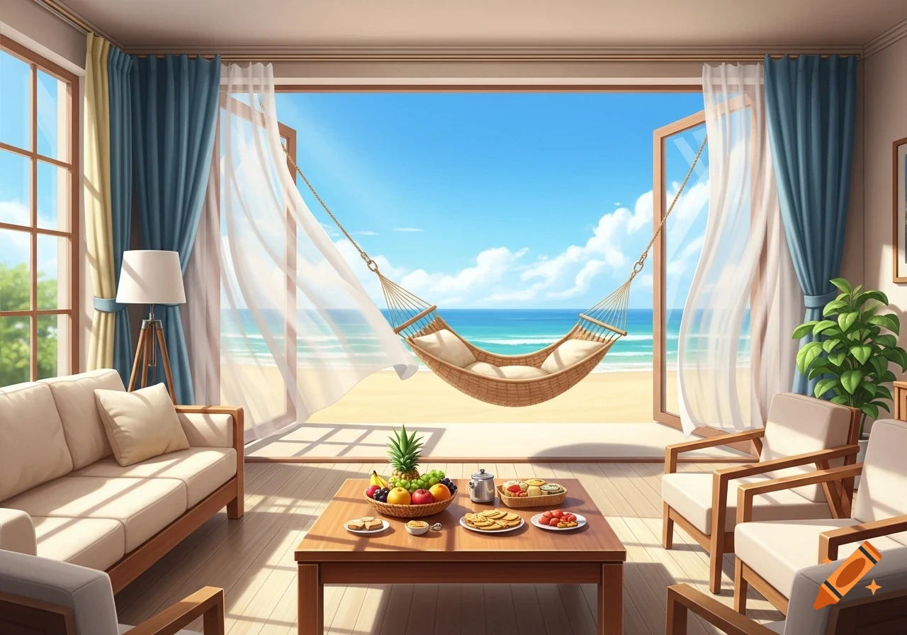 Anime-style room with open windows to a sunny beach, hammock, sofa, chairs, and a table with fruits.
