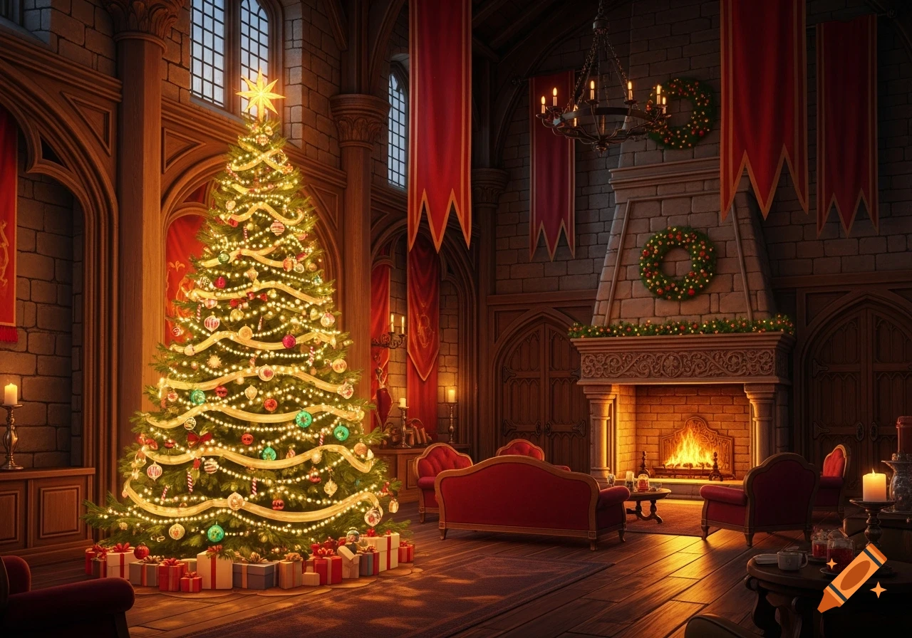 A grand Christmas tree decorated with lights and ornaments in a castle great hall with a lit fireplace and red velvet furniture.