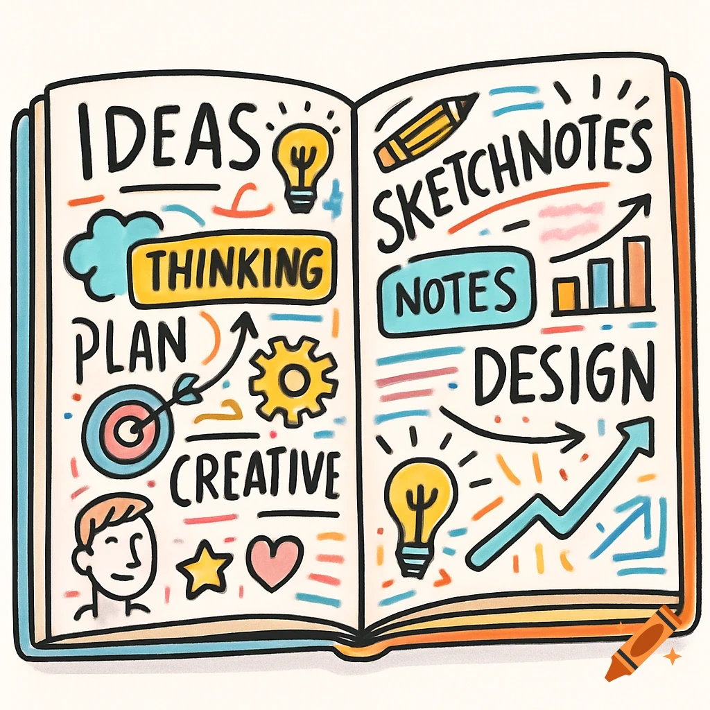 A colorful cartoon illustration of an open notebook with various doodles and text like "IDEAS", "THINKING", "SKETCHNOTES", "NOTES", "DESIGN".