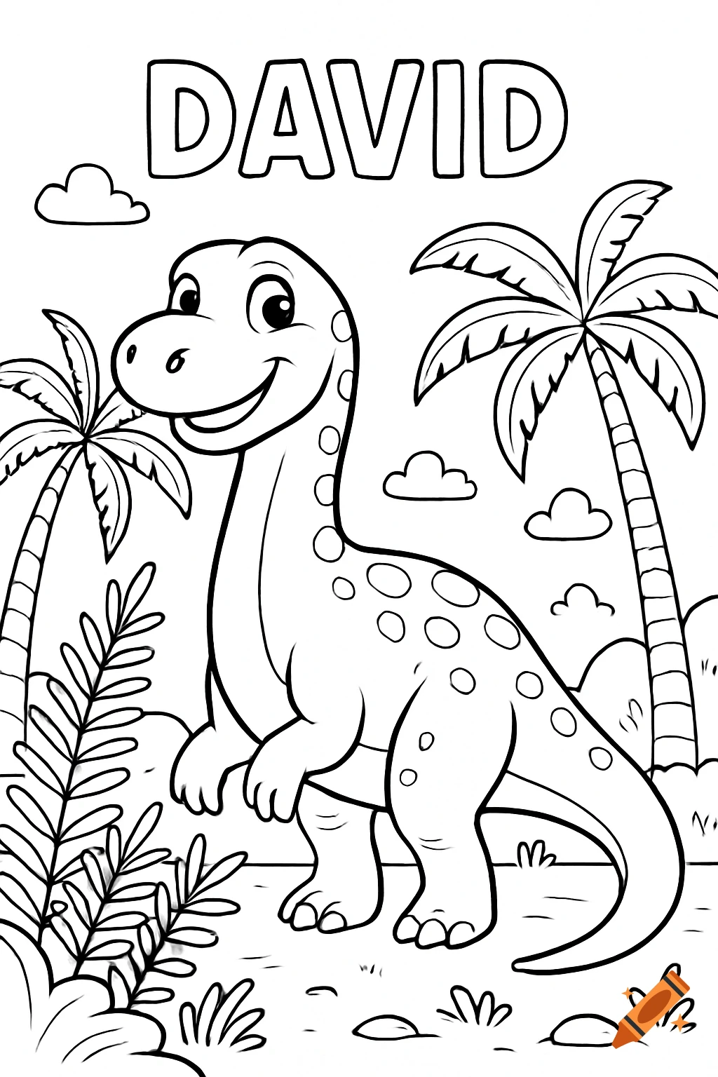 Black and white line art coloring page featuring a happy cartoon dinosaur with the name DAVID and palm trees.