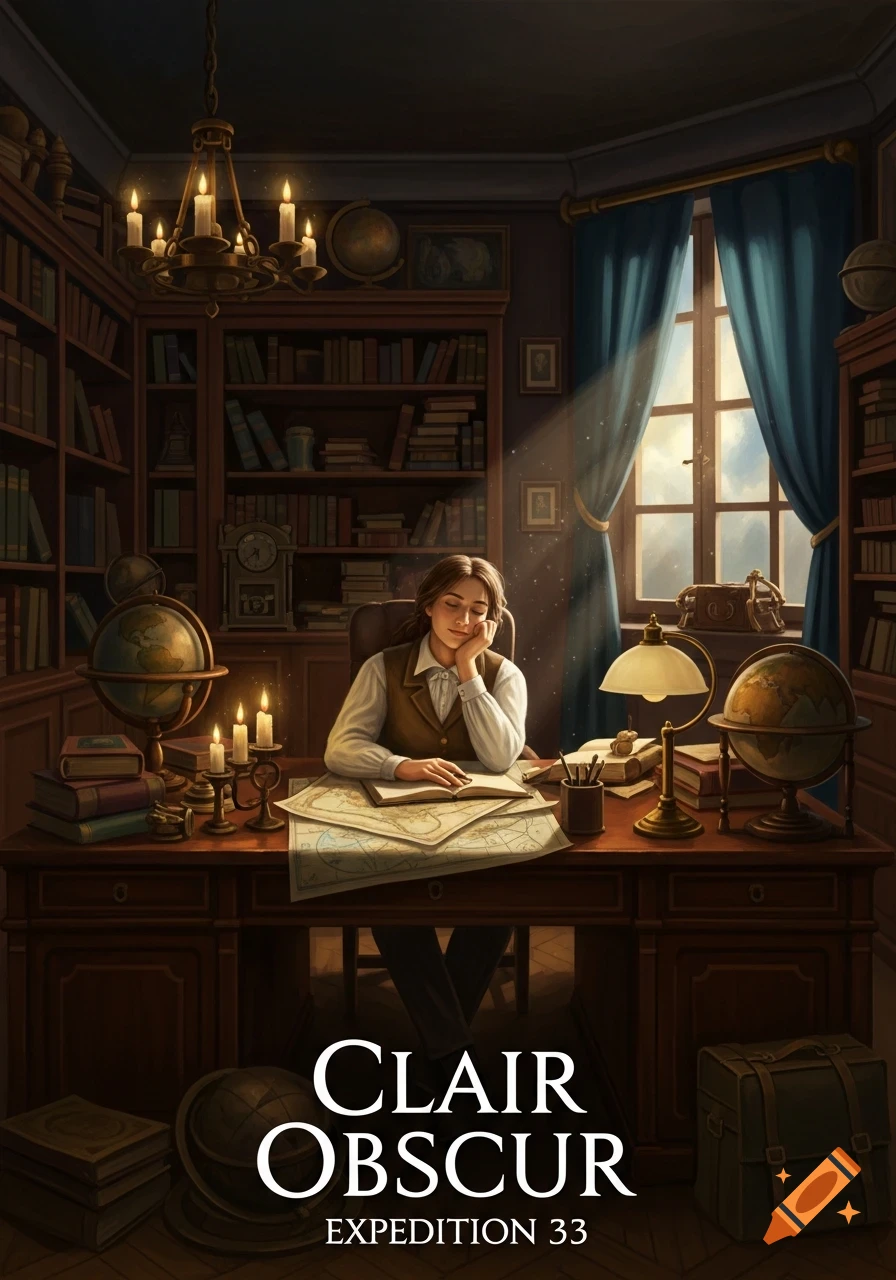 A young woman in a historical study, seated at a desk with maps and globes, bathed in light from a window. Text reads "Clair Obscur Expedition 33".