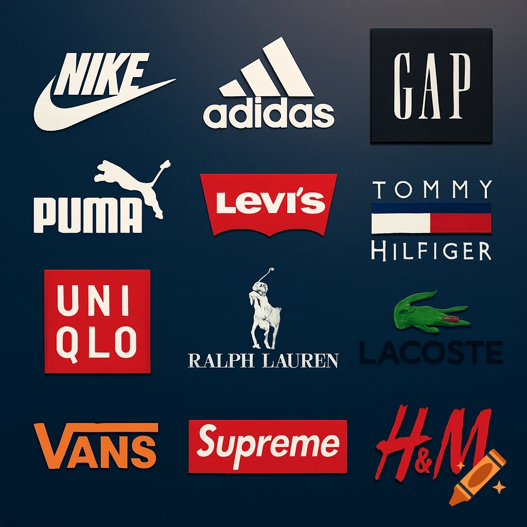 A collage of twelve popular clothing brand logos, including Nike, Adidas, and Levi's, on a dark blue background.