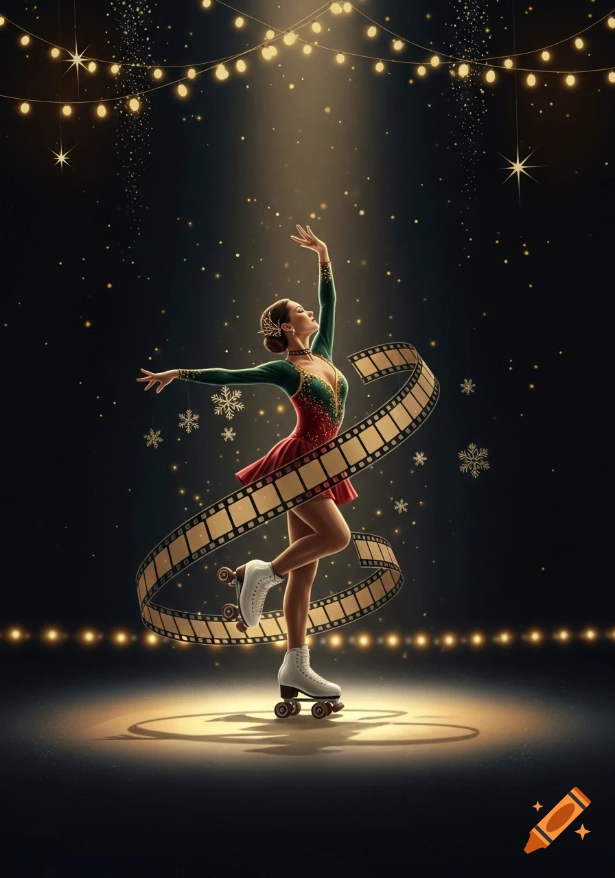 Elegant woman in a festive red and green costume roller skating on a dark stage with a film strip, glitter, and string lights.