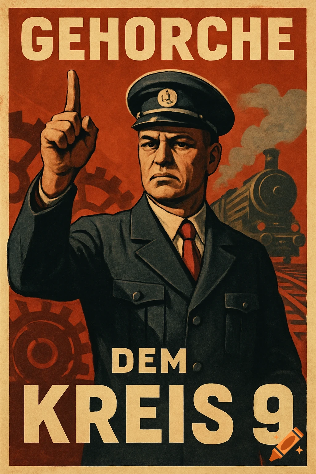 A stern man in a uniform points up on a red socialist realist propaganda poster with text 'GEHORCHE DEM KREIS 9', gears, and a train.