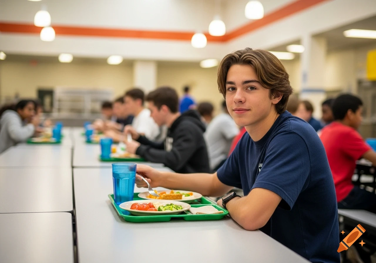 A teenage boy with brown hair sits at a long table in a school cafeteria, eating lunch and smiling at the camera. Other students are blurred in the background, also eating.