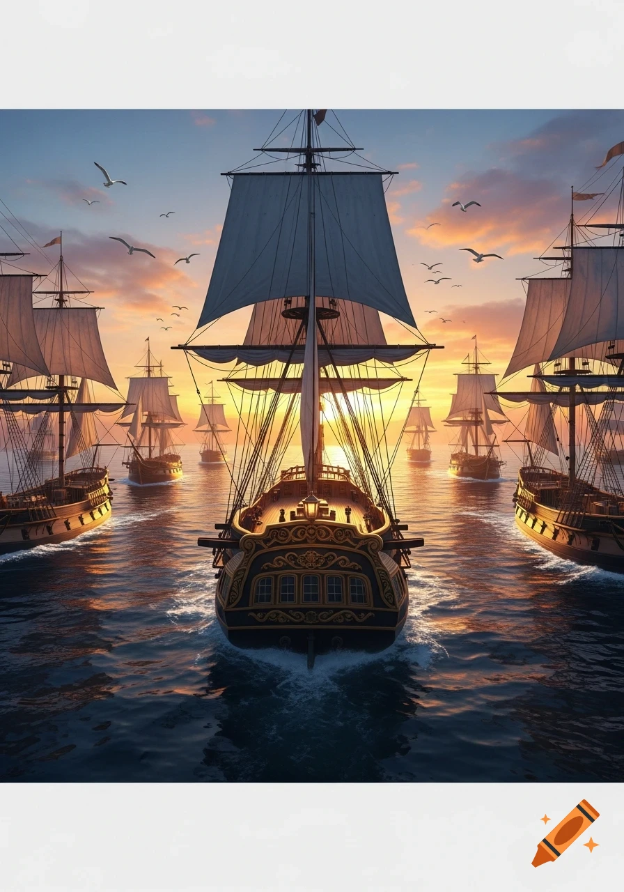 A fleet of large sailing ships on the open sea, heading towards a vibrant sunset with gulls flying overhead, viewed from behind the lead ship.