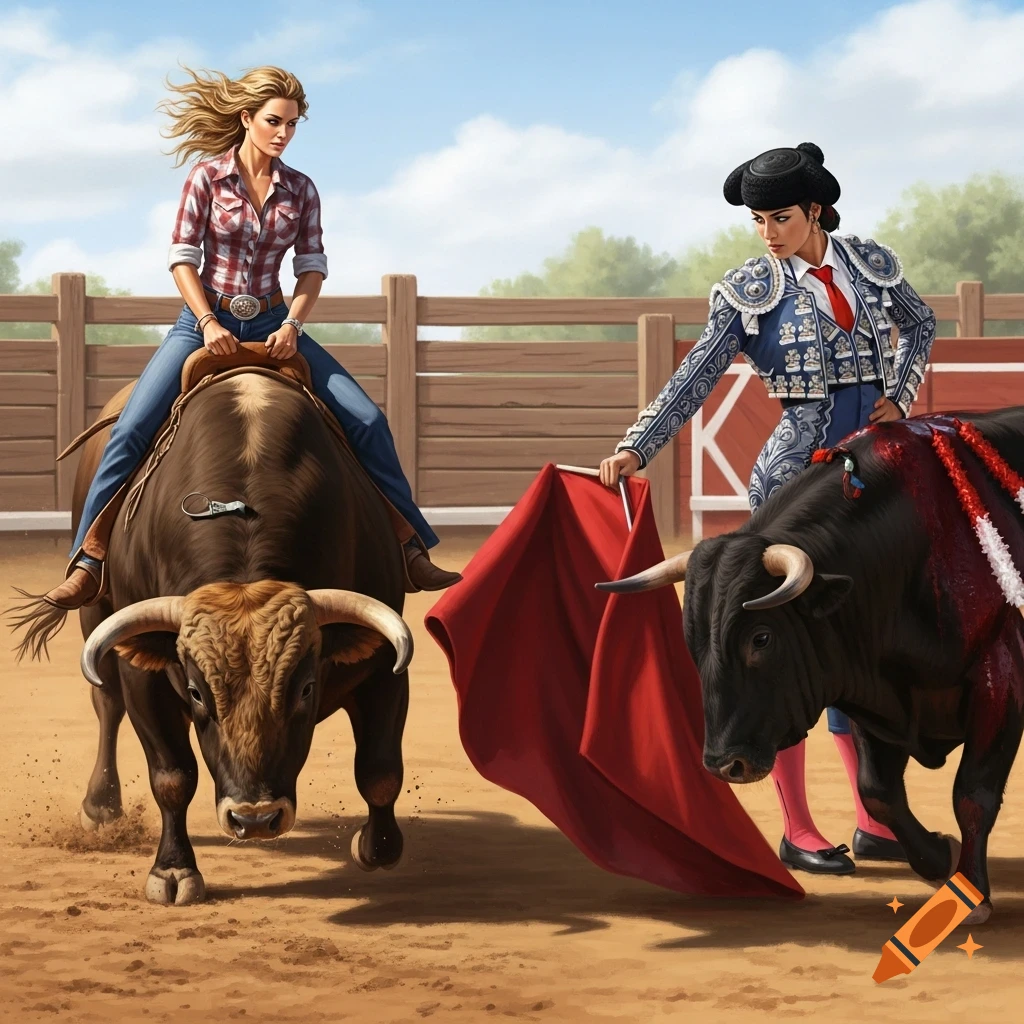 Digital illustration of a cowgirl riding a bull in an arena, with a bullfighter presenting a red cape to another bull.