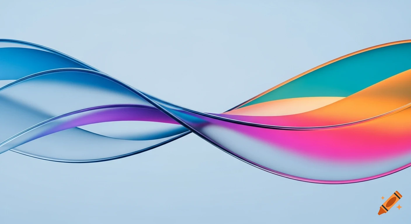 Abstract wavy translucent shapes in blue, purple, and orange with a glassmorphism effect on a light background.