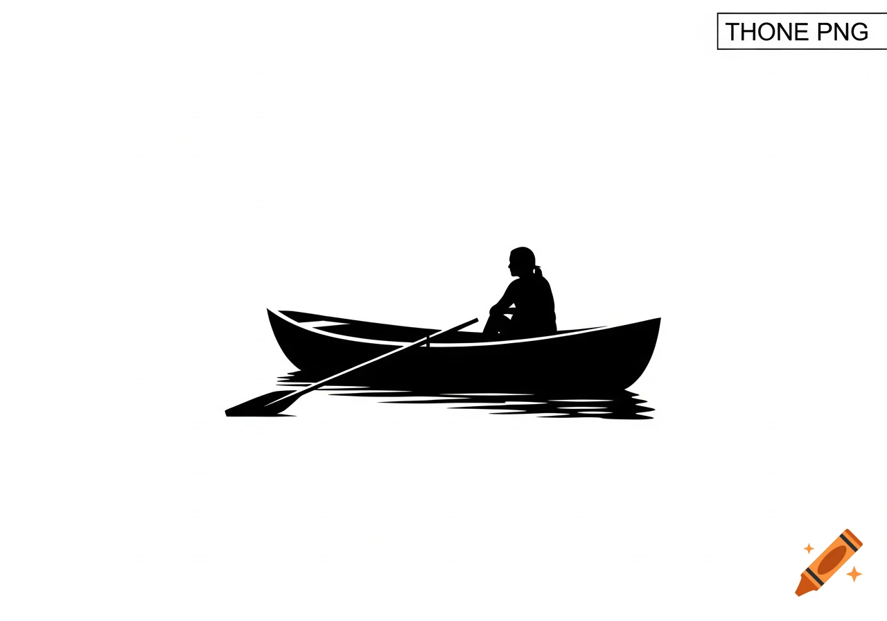 A black silhouette of a person rowing a boat with one oar on water ripples, against a white background, in a minimalistic style.