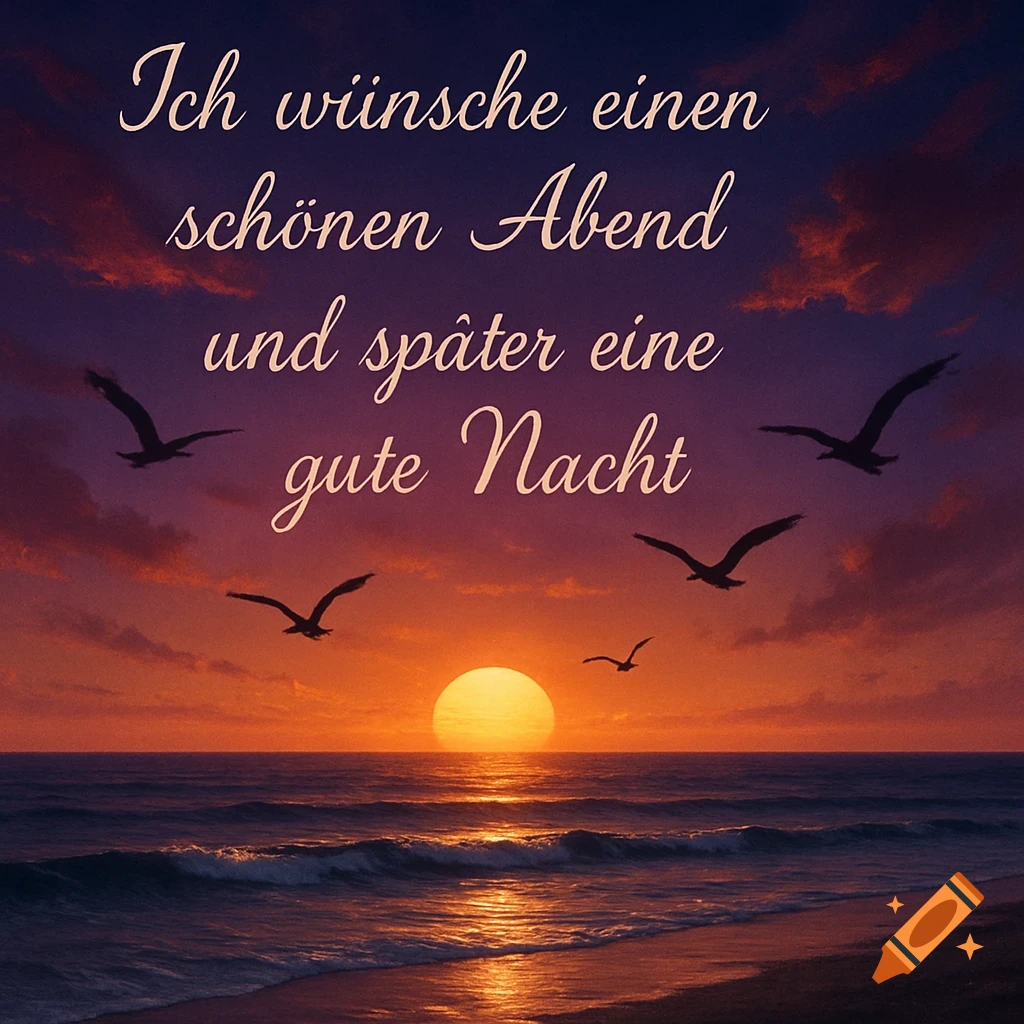 Vibrant sunset over a beach and ocean, with silhouetted birds flying. German text wishes a good evening and night.
