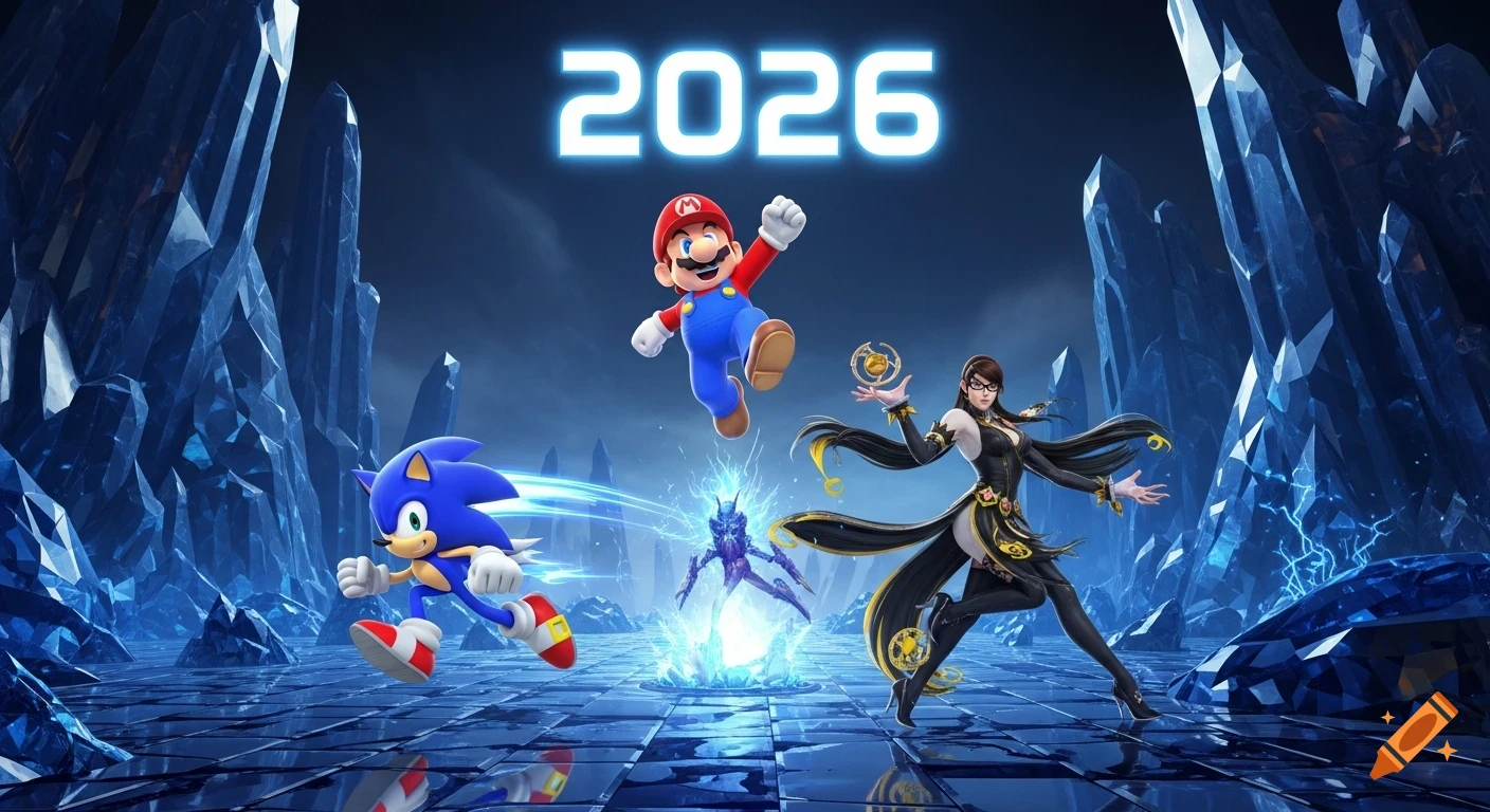 Mario, Sonic, and Bayonetta pose dynamically in a glowing blue crystal dimension under '2026' text.