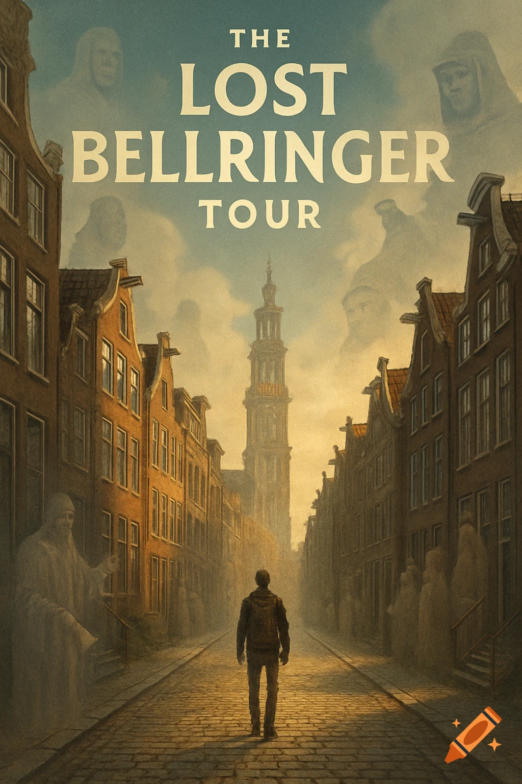 A cinematic travel poster shows a lone figure walking down a historic Amsterdam street with canal houses, a distant tower, and subtle ghostly figures.