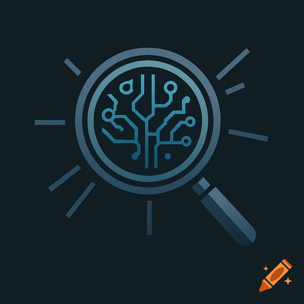 Vector logo of a magnifying glass with a blue circuit board pattern, symbolizing technology and cybersecurity.