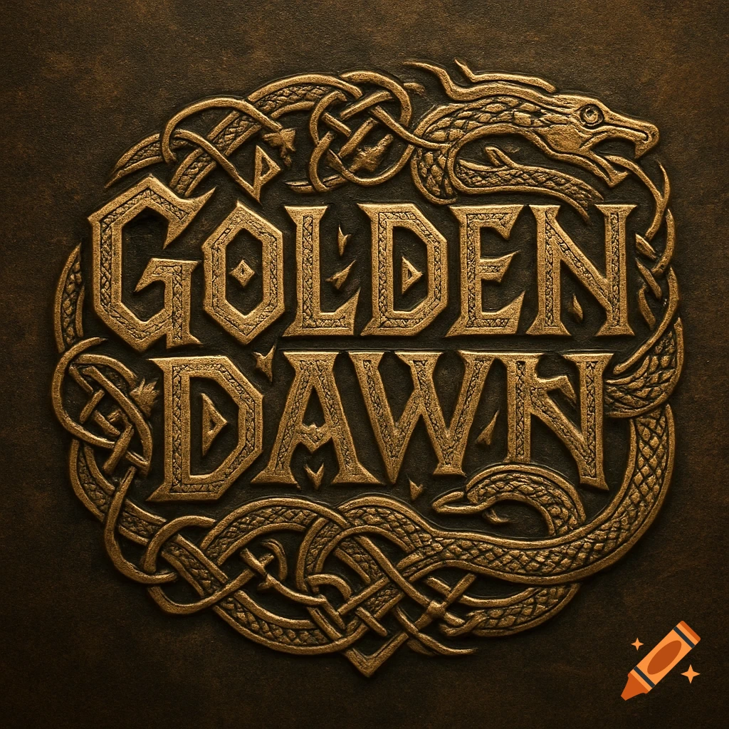 Embossed golden 'GOLDEN DAWN' text with intricate Viking-style knotwork and a dragon's head.