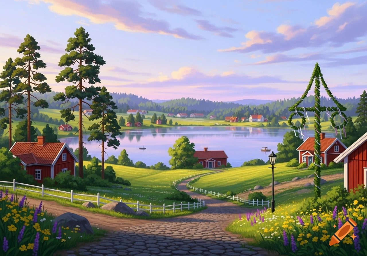 An idyllic illustration of a rural landscape with red houses, a lake, pine trees, green fields, and a maypole under a pastel sky.