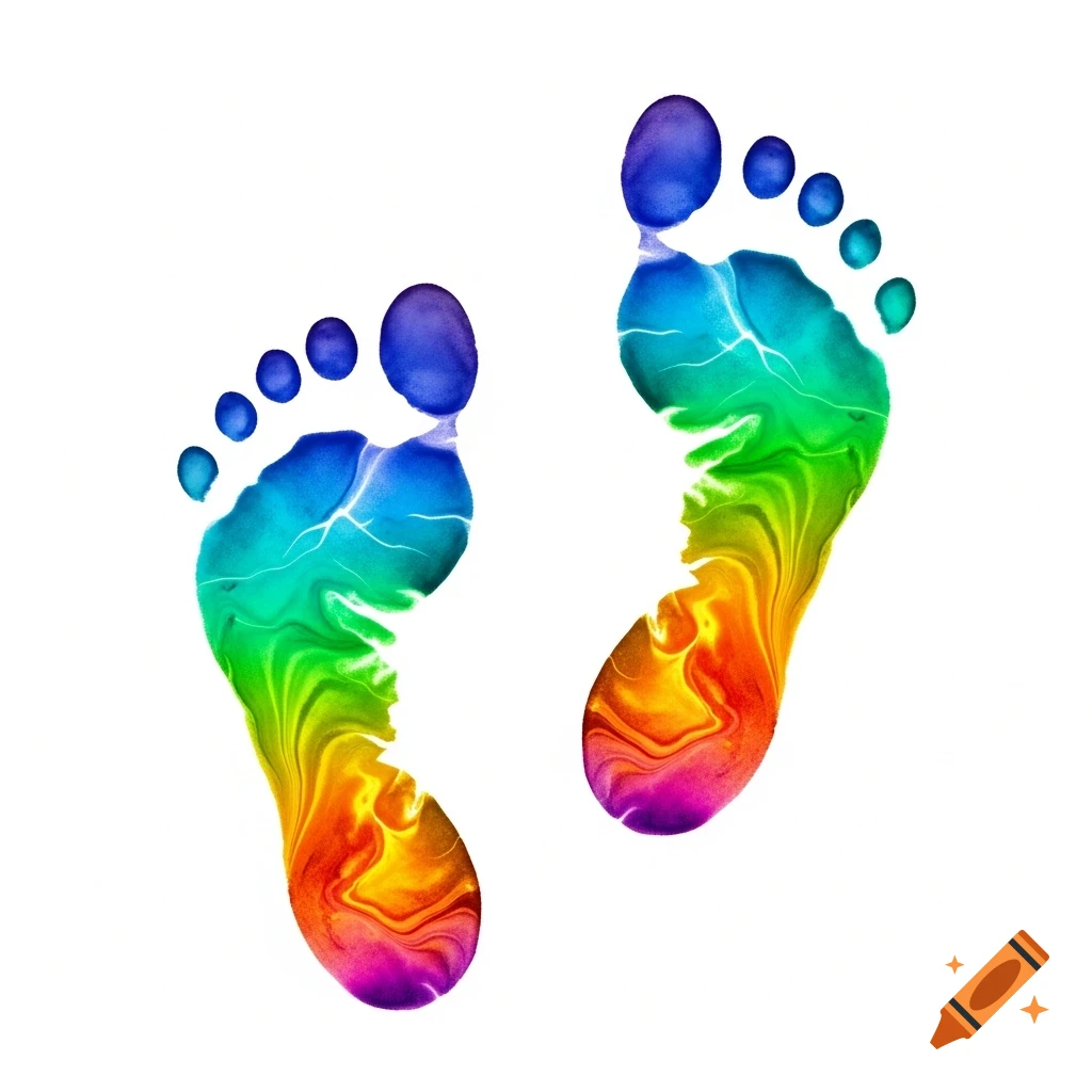 Two stylized footprints filled with swirling rainbow-colored liquid art on a white background.
