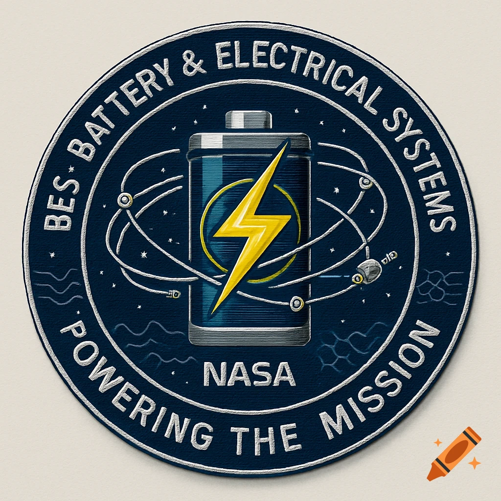 A circular NASA mission patch in classic space style. It features a stylized battery with a glowing lightning bolt, surrounded by orbital circuit lines on a dark blue background with stars. Text reads "BES - BATTERY & ELECTRICAL SYSTEMS", "POWERING THE MISSION", and "NASA".